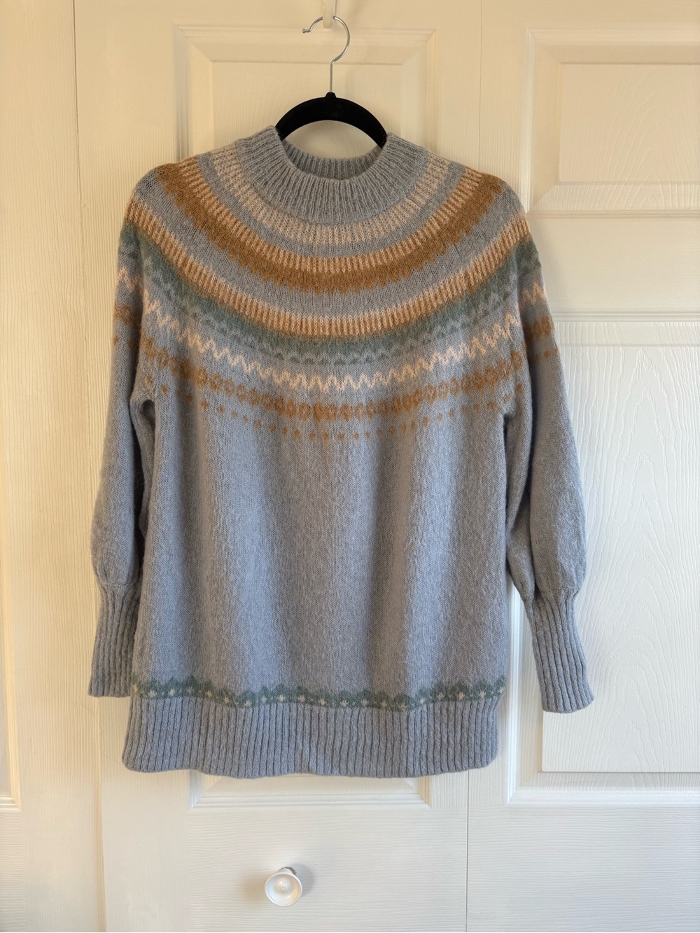 J.Crew Fair Isle Nordic Alpaca Wool Blend Balloon Sleeve Sweater XS Relaxed Blue